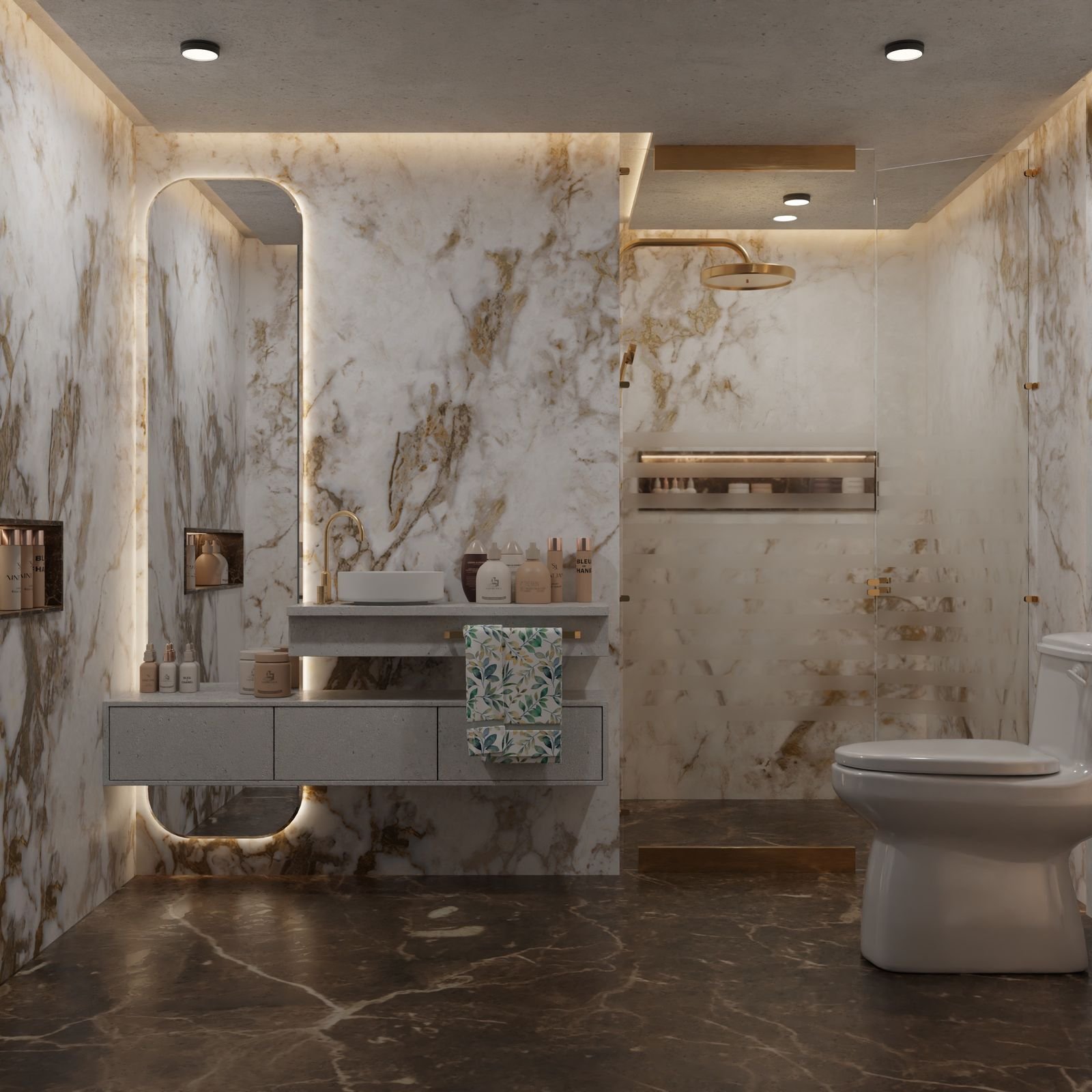 Remodeled bathroom with marble walls and modern fixtures